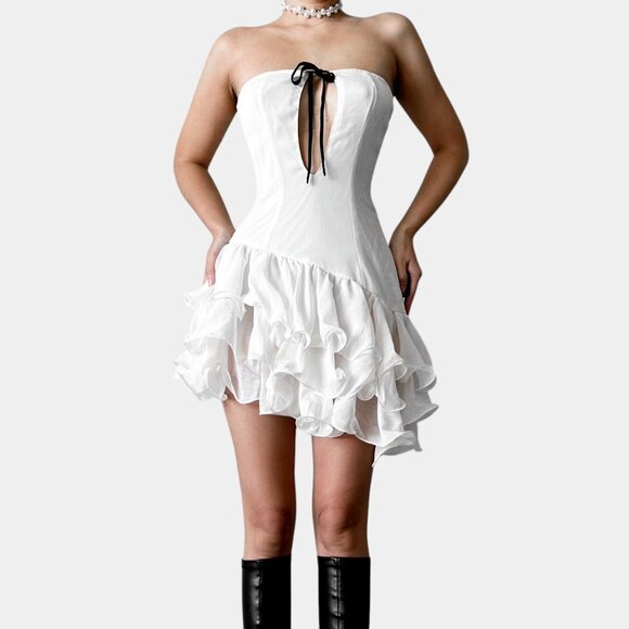 Off White Strapless Ruffle Asymmetric Hem Fit Flared Mini Dress Size S/M - Picture 2 of 7
